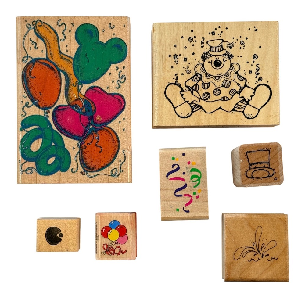 Birthday Party Wood Mounted Rubber Stamps Lot of 7‎ Balloons Clown Celebration